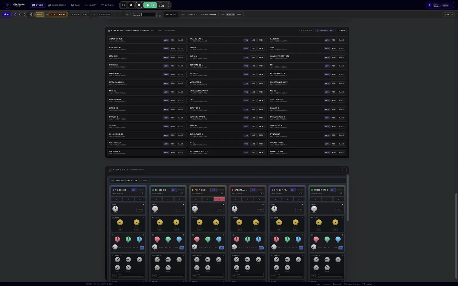 Spider native VST3 catalog showing locally installed instruments