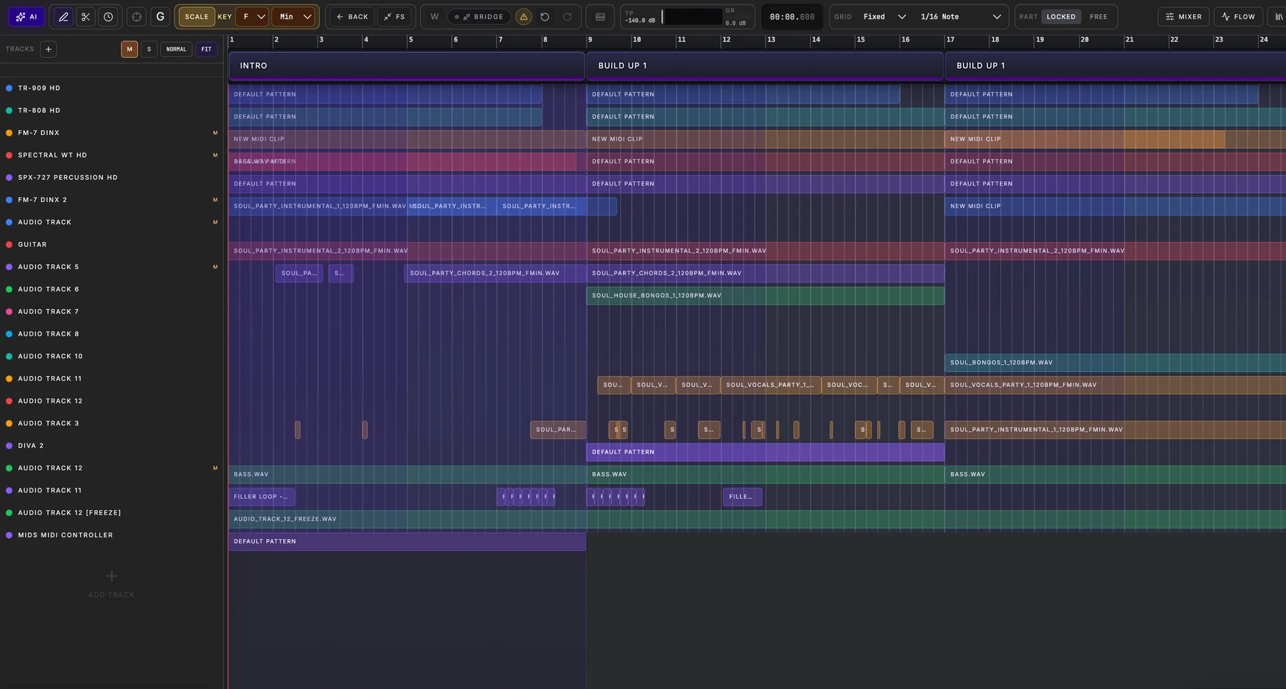 Spider multitrack Arrangement combining Song Parts, instrument MIDI, recorded audio and edited waveforms
