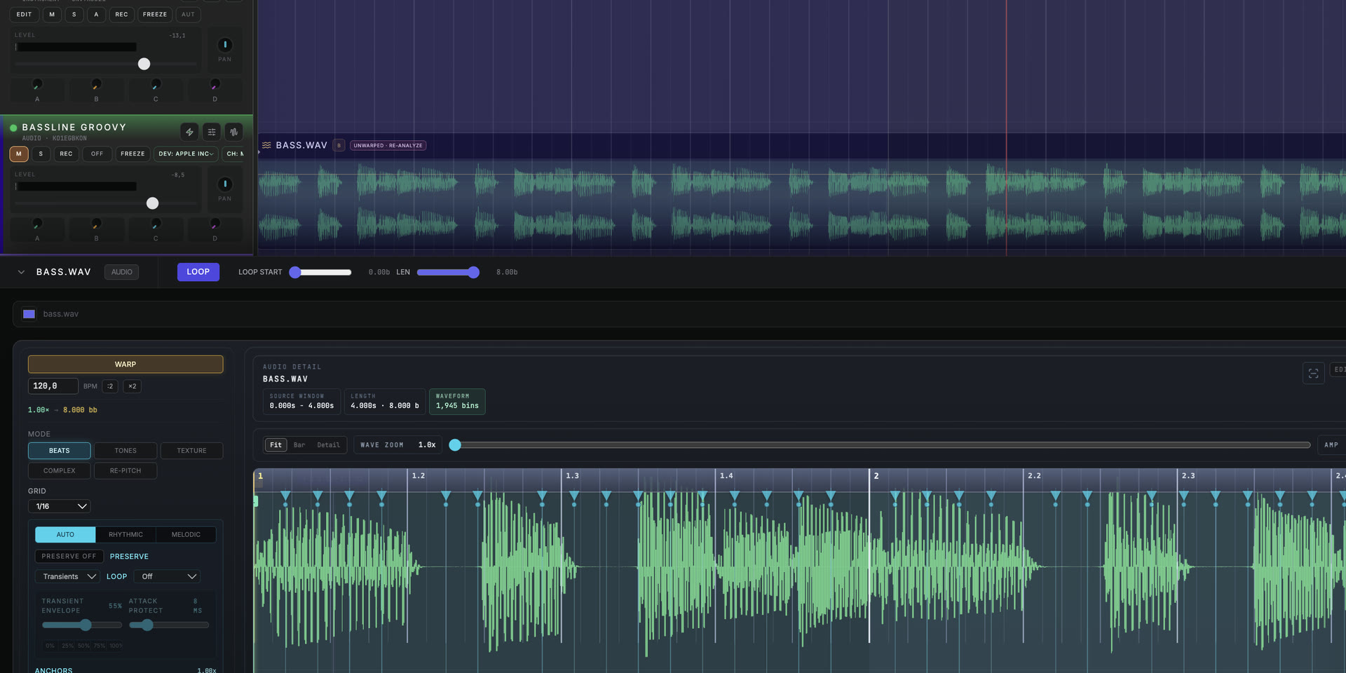 Spider online audio clip editor with detailed waveform, Warp anchors, transient controls, tempo matching, loop settings and Warp modes
