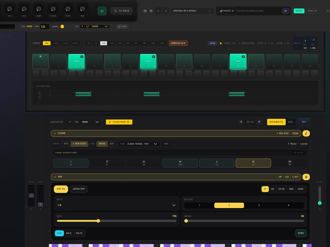 Spider melodic sequencer with scale-aware chord suggestions, arpeggiator and performance controls