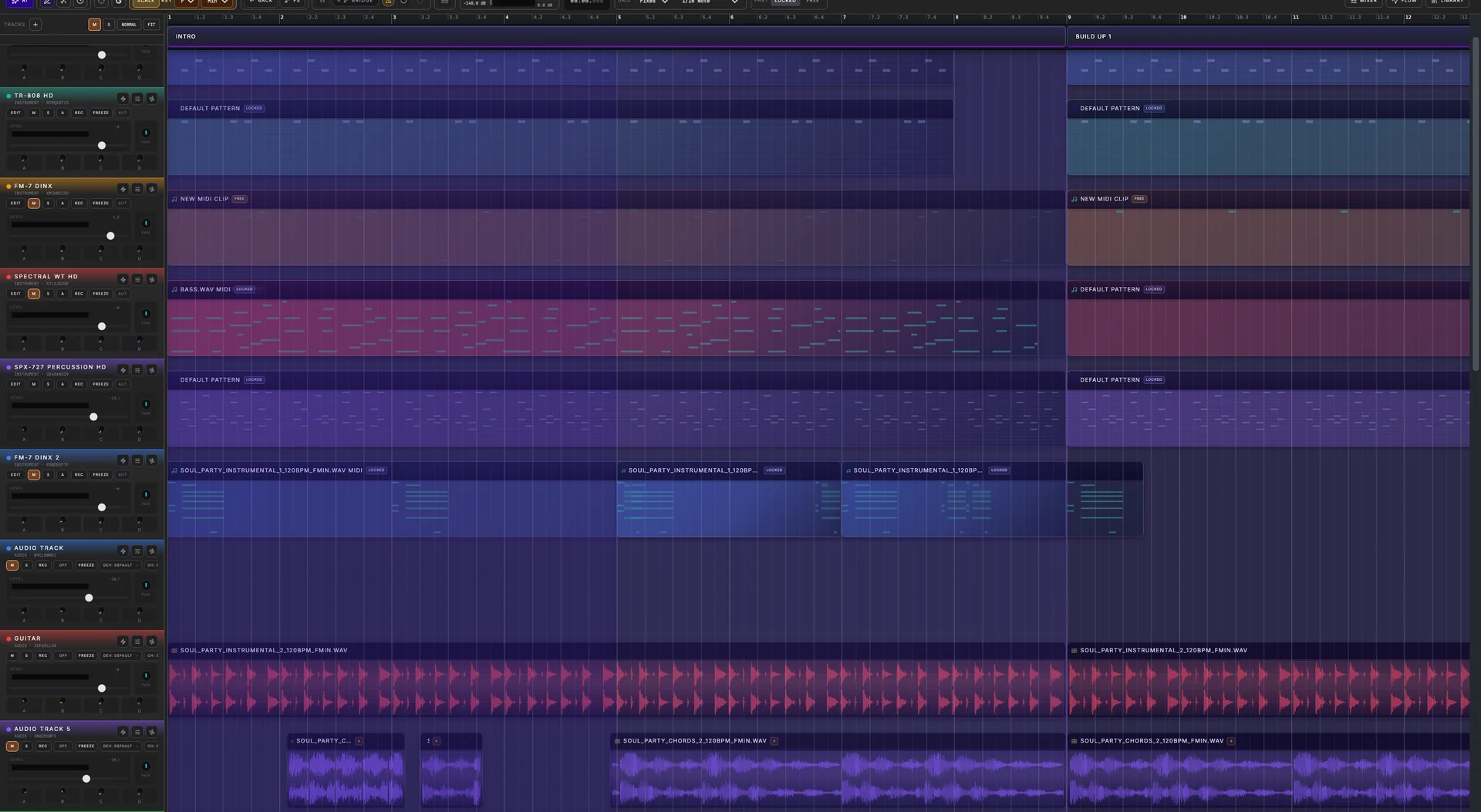 Spider Neural Ultra professional Arrangement with Song Parts, detailed MIDI clips, audio waveforms, instrument tracks and mixer controls