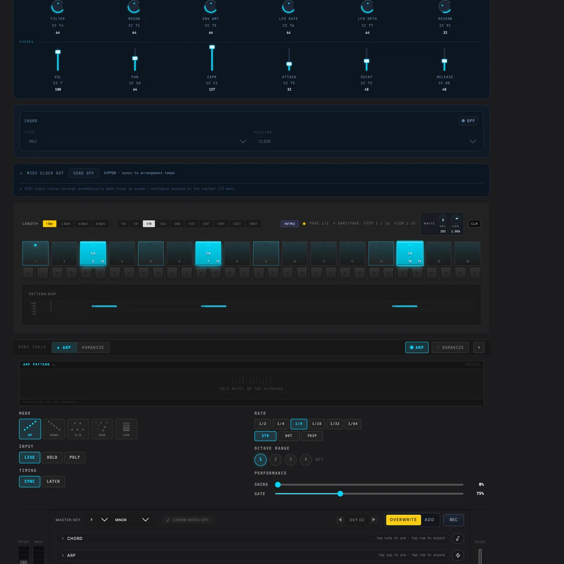 MIDS external MIDI controller with CC controls, melodic step sequencer, arpeggiator and performance tools