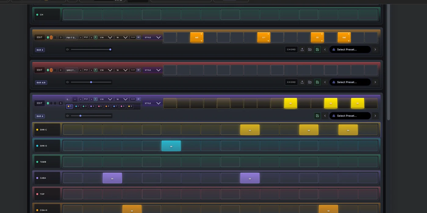 Spider Studio Flow showing several melodic, drum and percussion sequencer lanes together