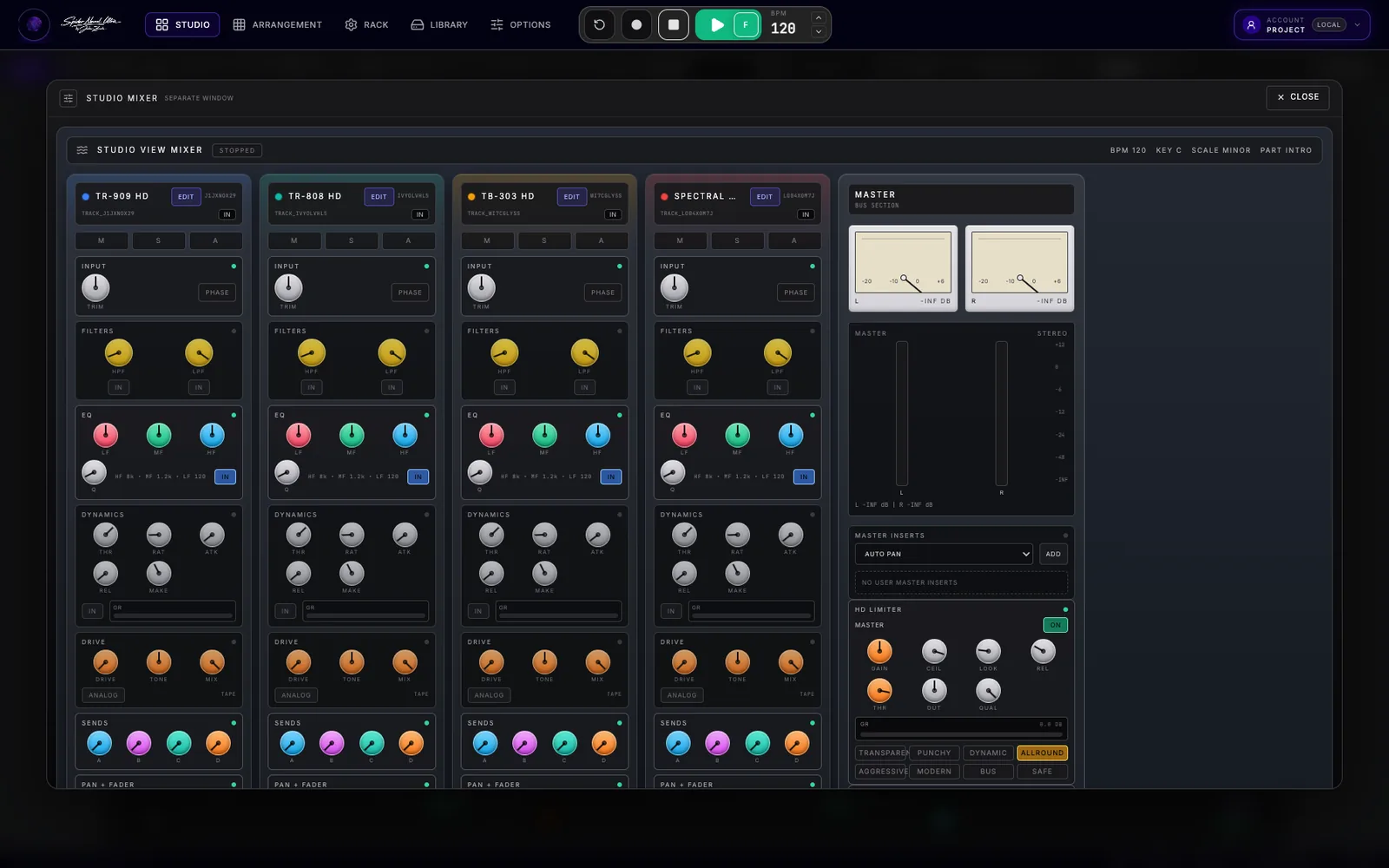 Spider Studio Mixer with four instrument channel strips, sends, master inserts and HD Limiter